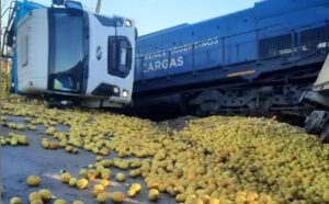 Violento choque entre un tren y un camión con limones provocó un descarrilamiento y el corte de la Ruta 325 en Simoca